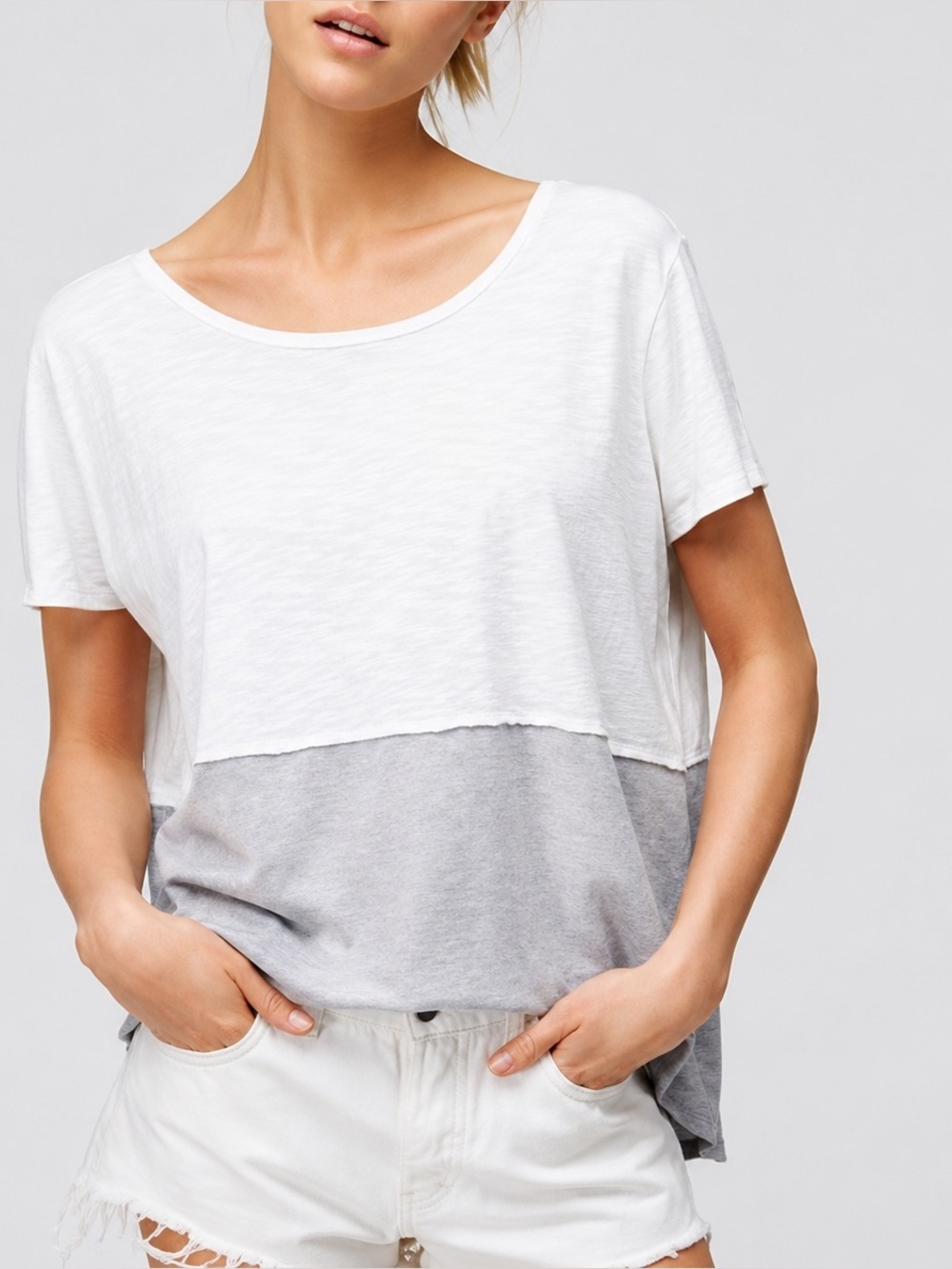 Free People Melrose Swing Cream Gray Colorblock High Low Relaxed Fit Shirt MED